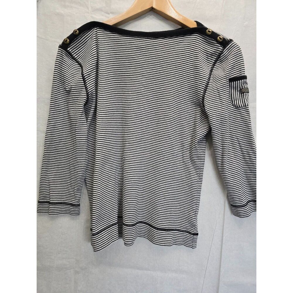 LAUREN JEANS RALPH LAUREN Top Cotton Striped Boat Neck 3/4 Sleeve Black White